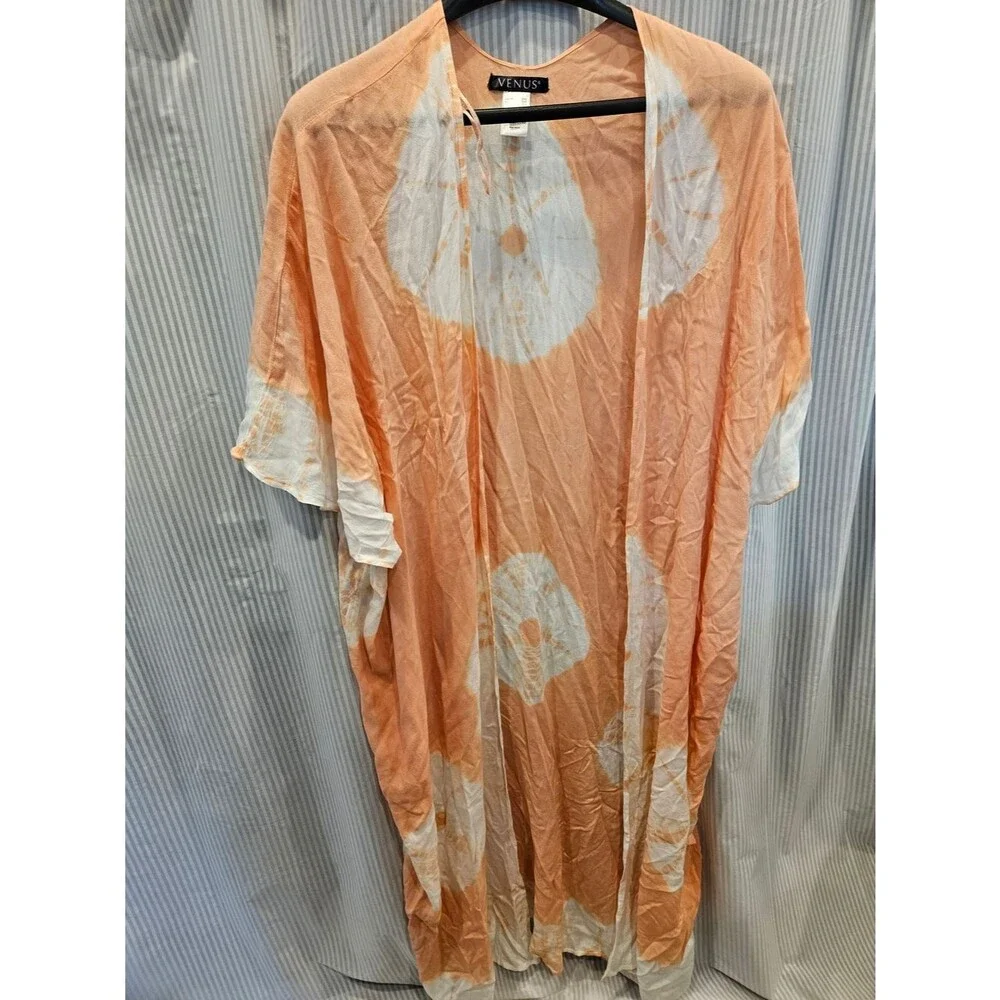 VENUS Tie Dye Kimono Cover Up Orange Peach White Medallion Long Duster One Size